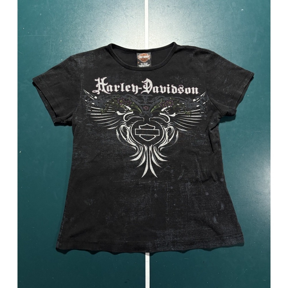 Harley Davidson T-Shirt Women's Medium Black Wings Floral Grunge Biker Faded Y2K